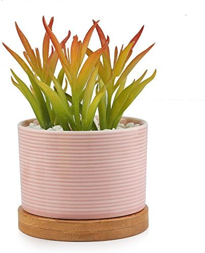 Innoter Small Round Modern White Ceramic Succulent Plant Pot Bamboo Draining Tray （pink）