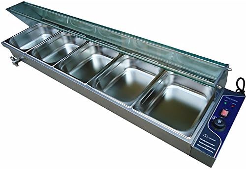 5 Pot Wet Well Temperature Bain Marie Stainless Steel Catering Food Warmer W/ Glass Top