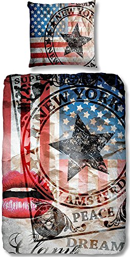 Aminata – coole Teenager-Bettwäsche USA Flagge 135×200 cm Baumwolle Amerika-Motiv amerikanische Bettwäsche USA-Motiv Vintage Jungen Mädchen Teen Star Texasstern - 3