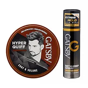 Gatsby Hair Styling Wax - Edgy & Volume 75gm With Gatsby Set & Keep Hair Spray - Extreme Hold 66ml | Style & Spray | For Hyper Quiff Style