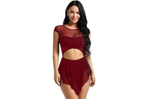 FEESHOW Fille Femme Asymétrique Robe de Danse Ballet Tutu Justaucorps de Danse Ballet Gymnastique Robe en Dentelle Vêtement sans Manche Robe Salsa Latine Rumba Zumba XS-XL