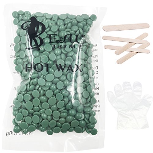 Beautome Prämie Enthaarungswachs Kit 100g Filmwachs Warmwachs in Perlen Haarentfernung Epilation Waxing mit Düften von Rose, Grüner Tee, Grüner Apfel, Aloe, Milch, Honig + 5 Stück Holzspatel + 5 Stück Folienhandschuhe (Aloe)