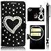 Produktbild Flip Wallet Luxus Leder Diamant Samsung Galaxy S6 Edge G9250 Strass Schutz Hülle, Sunroyal Bling 3D Rhinestone Handy Tasche Etui Schale Compact für S6 Edge Hülle Hybrid PC Hart Haut Rückseite Zurück + 1x Universal Schleife Kristall Bling Anhänger Strass Diamant Anti Staub Schutz Stecker Stöpsel + 1x Stift Stylus Touch Pen, Gold Herz Heart Muster Design