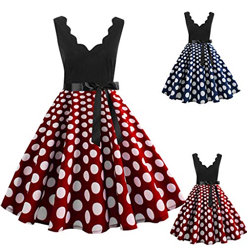 Robe Ete Femme, Robe de Soirée WINJIN Robe Vintage Robe de Bal Robes Cocktail Élégante Robe à Pois Imprimée Robe Années 50's Swing Col V Plissé Robe à sans Manches avec Ceinture pour Femme Fille