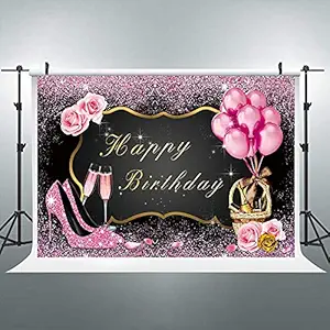 Riyidecor Glitter Happy Birthday Backdrop Pink High Heels Rose Gold 16th 20th 30th 50th Women Girls Princess Photography Background 7Wx5H Feet Decor Props Photo Shoot Banner Vinyl Cloth