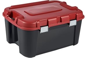 KETER Malle de Rangement Totem 60L - Boîte multifonction Cadenassable - Facile à Transporter, Poignées Confortables, 2 Roues- Pour Garage, Bricolage, Cabanon - 59 x 39,5 x 36 cm - Noir/rouge