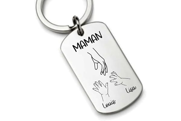 Porte-clés Personnalisé Main de Maman et Enfants en Inox - Cadeau Émotionnel pour Maman - Gravure des Prénoms - Fabriqué en France - Idéal pour la Fête des Mères et les Anniversaires (2 enfants)