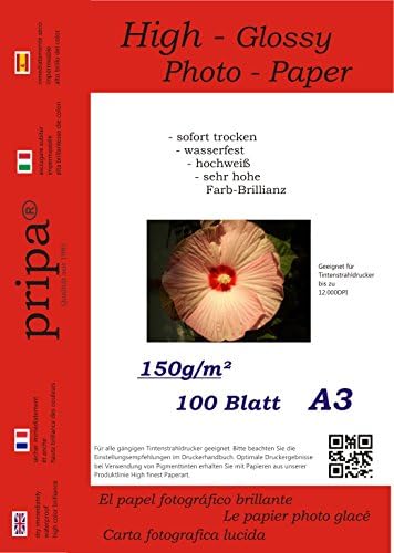 pripaA3-100 Sheets Photo Paper DIN - A 3-150 g/m² - Glossy - Dries Immediately - Waterproof - Very High Colour Brilliance for Inkjet Printers