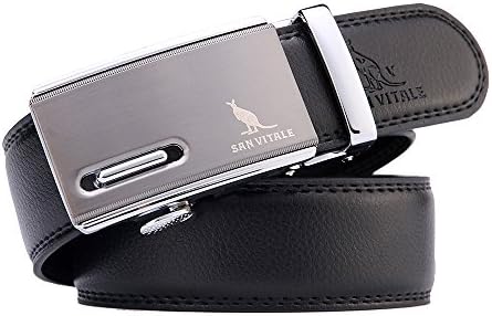 Belts Men SAN VITALE Men Luxury Designer Waist Belt Casual Reversible Buckle with Automatic Ratchet Leather Elastic Mens Belts Harness 35mm Wide 1 3/8" Silver Tungsten Buckle