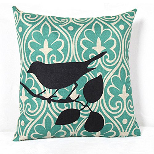 Vanki Cotton Linen Square Decorative Throw Pillow Case Cushion Cover 18X 18 inches, Black Shadow Bird teal Geometric Ground design