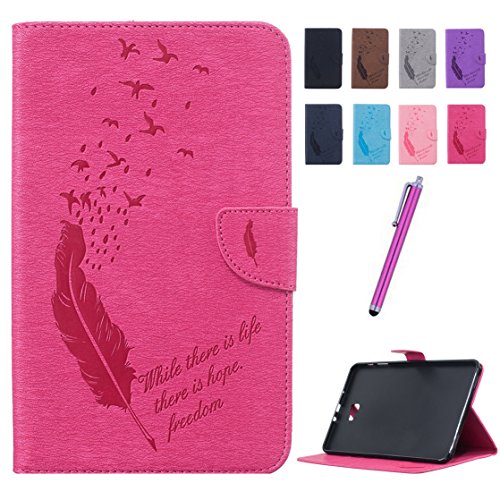 Romtronic Lederhülle Leder Tasche Case Cover für Samsung Galaxy Tab A 10.1 2016 (SM-T580 SM-T585) Hülle PU Schutz Etui Schale Feather Muster Design Backcover Flip Cover Wallet Case mit Standfunktion Karteneinschub und Magnetverschluß (Magenta)