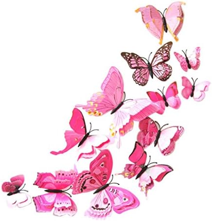 Index 12pcs DIY 3D Butterfly Decals Personalised Colorful Curtain Clothing Buckle Home Decorations Stickers With Pin (Pink)