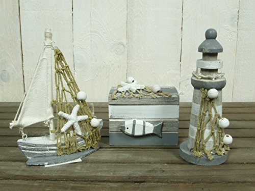 3tlg. Deko-Set: Leuchtturm, Truhe & Boot für die maritime Dekoration