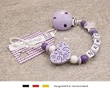 Baby SCHNULLERKETTE mit NAMEN | Schnullerhalter mit Wunschnamen – Mädchen Motiv Herz Ornament in flieder - 3