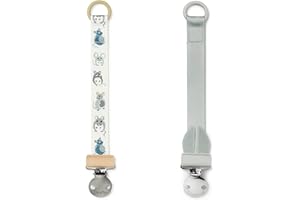 Elodie Details Confezione da 2 Catenelle Porta Ciuccio in Tessuto e Clip in Acciaio Inossidabile, per Bimbo e Bimba, Anello Universale in Silicone - Mineral Green/Forest Mouse