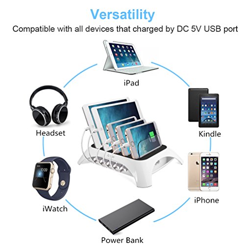 ACTOPP Stazione di Ricarica 5 Porte Caricatore USB Multi Dispositivi Caricabatterie Veloce Portatile da Tavolo Organizzatore di Cavi Dock Station di Ricarica per Smartphone e Tablet Bianco