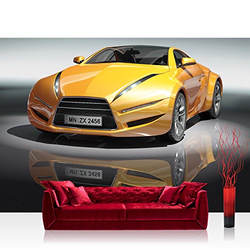 Fototapete 254x184 cm PREMIUM Wand Foto Tapete Wand Bild Papiertapete - Autos Tapete Sportwagen Auto Spiegelung gelb - no. 1591