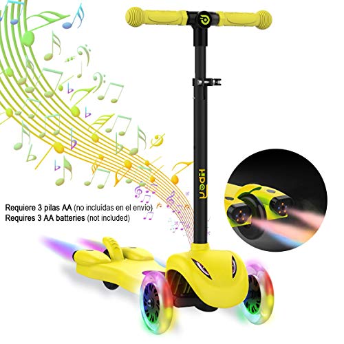 Hiboy Patinete de 3 Ruedas,Scooter con Ruedas LED Iluminadas,Música y Humo Colores para niños +3 Años, Amarillo