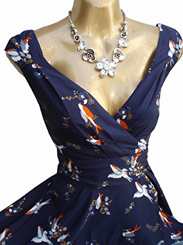 Sarah-P Vintage Style Retro Swing 50's Rockabilly Navy Swallow Print Dress (16)