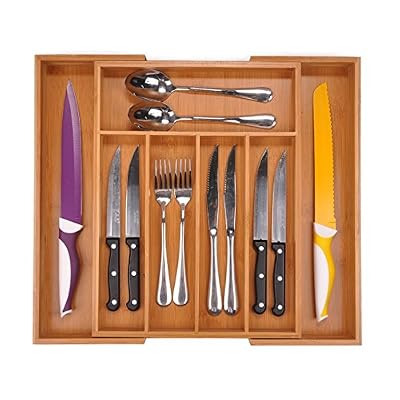 Utoplike Bambou extensible Couverts Plateau Organiseur : peut contenir argenterie, couverts, ustensiles, couverts, accessoires ou Gadgets Taille : 29,2 cm – 45,7 cm L x 38,1 cm P X 2