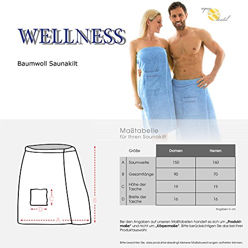 Saunakilt für Damen 90 x 150 cm Frottee Baumwolle langer Schnitt, hell-blau, mit Stickerei „Wellness“ | aqua-textil 0010402 - 5