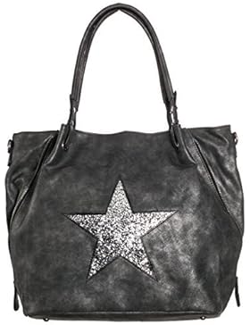 Damen Handtasche 2 in 1 mit Stern Tasche mit Glitzer Cut out Vintage look metallic Stern Shopper Schultertasche...