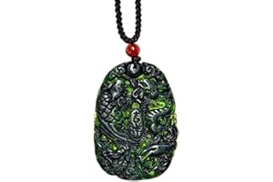 Michear Hand Carved Moldavite & Black Green Jade Pendant, Dragon Phoenix Talisman Necklace, Czech Meteorite Ink Jade Jewelry for Men & Women