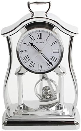 Rhythm Acrylic Silver Glass Mantel Table Clock w Swarovski Pendulum