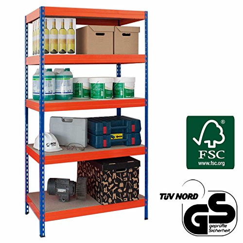 Lagerregal Kellerregal Metallregal Steckregal der Marke Lagerknecht® TÜV – geprüft- Regal Orange/Blau 100 x 50 x 200 cm bis 825 kg belastbar *FSC Zertifiziertes Holz - 2