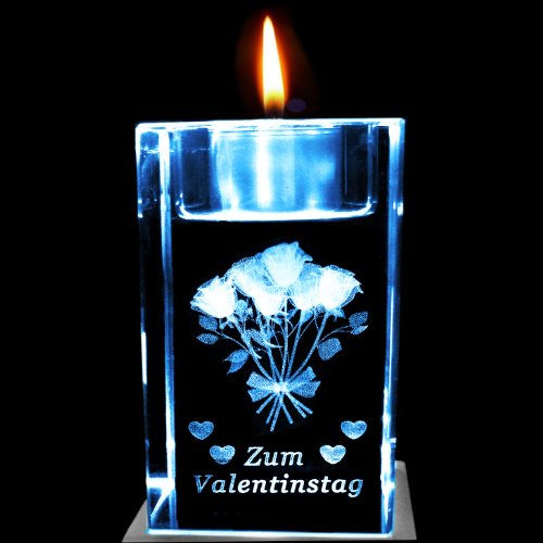 Kaltner Präsente Stimmungslicht – Das perfekte Geschenk: LED Kerze / Kristall Glasblock / 3D-Laser-Gravur Teelichthalter Blumen ZUM VALENTINSTAG - 3
