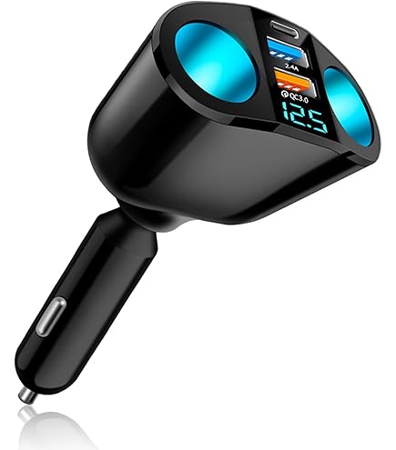 Chargeur Allume-Cigare Rotatif 360° - 2 Ports USB, 1 USB-C, 2 Prises Allume-Cigare - Compatible 12V/24V - Affichage Tension
