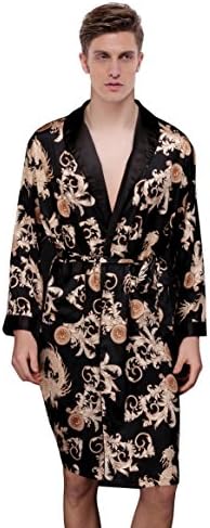 Waymoda Men's Luxury Silky Satin Evening Dressing Gown, Male Classic Dragon Fern Leaf Pattern Kimono Wrap Robe, Black Colors, 3 Sizes Optional - Long style