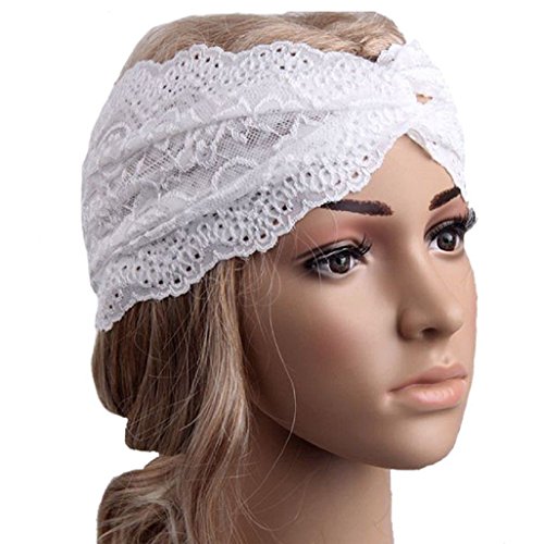 Auxma Moda Mujeres Headwear Twist Sport Yoga Encaje Diadema turbante pañuelo en la cabeza wrap accesorio para el pelo Rosa Caro (Blanco)