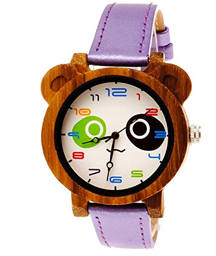 Holzwerk Germany Hübsche Panda Kinder-Uhr Mädchen-Uhr Öko Natur Holz-Uhr Leder Armband-Uhr Analog Quarz-Uhr in Lila