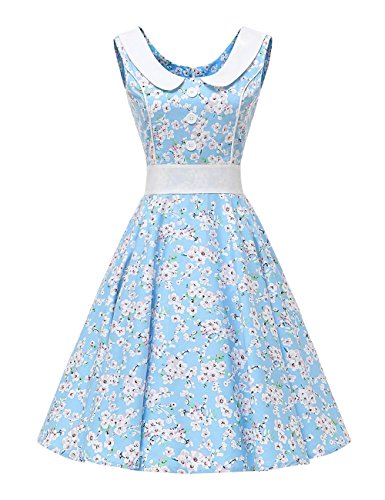 VKStar Rétro Vintage Femme Robe Col Claudine Robe de Soirée à Pois/Floral Rockabilly Robe Boutons Devant A-Line Fleur1 L