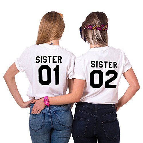 Mejores Amigas Camiseta Best Friend T-Shirt 2 Piezas 100% Algodón Impresión Sister 01 02 Camisa Hermana Manga Corta para Mujer(Blanco+Blanco,01-M+02-M)