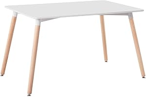 HomJoy Rectangle Dining Table, Mid Century Modern White Kitchen Table, 120cm Tableptop Leisure Coffee Table with Solid Wood Legs (120cm)