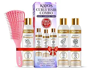 Kayos Curly Hair Care Combo with Curly Hair Grapeseed Shampoo, Avocado Conditioner, Flaxseed Hair Gel and Free Curly Hair Brush - 3x200mL