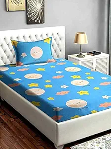 Comfort Lifestyle 240 TC Soft Glace Cotton Cartoon Print Single Bedsheet with Pillow Cover for Kids (Bedsheet Size 60x90 Inches, Pillow Cover Size 18x28 Inches, Blue)