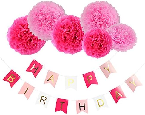 Kenmu Happy Birthday Flag Bunting Banner, Set of 6 Lovely Paper Flowers Tissue Paper Pom Poms Flowers Garland for Birthday Wedding Party Hanging Decorations