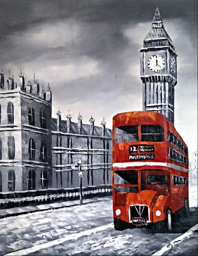 Old London red route master bus and Big Ben. Fine Art oil on canvas painting - Superb quality and craftsmanship, hand made wall art