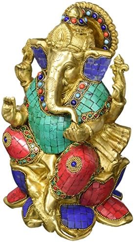 AapnoCraft Large Ganesha Statue Brass Handmade Lotus Ganesh Idols Hindu Lucky God Sculpture With Turquoise Inlay Decorative Figurine