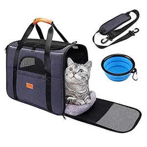 Cat Carrier, Pet Carrier Airline Approved, Dog Bag Carrier, Breathable Pet Carrier with Adjustable Shoulder Strap and Pet Bowl, Pet Travel Carrier, Pet Cage with Locking Safety Zippers