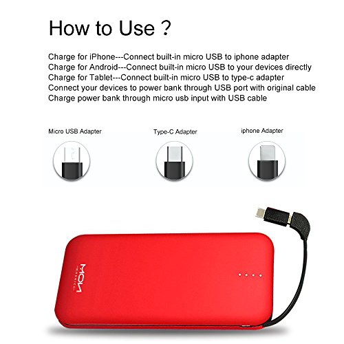 Moxnice Batterie Externe 10000mAh Power Bank Petit Chargeur Portable Rapide et Portable de Batterie avec Micro USB C  ble Int  gr   pour iPhone Android Samsung Galaxie Huawei iPad Tablette  rouge 