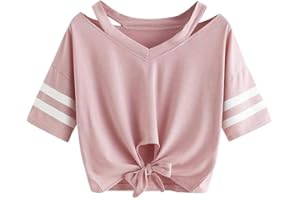 YEBIRAL Damen Sweatshirt, Teenager Mädchen Kurzarm T-Shirt Bauchfrei Oberteil Kurz Sommer Strand Casual Crop Tops V-Ausschnitt Bluse mit Schleife