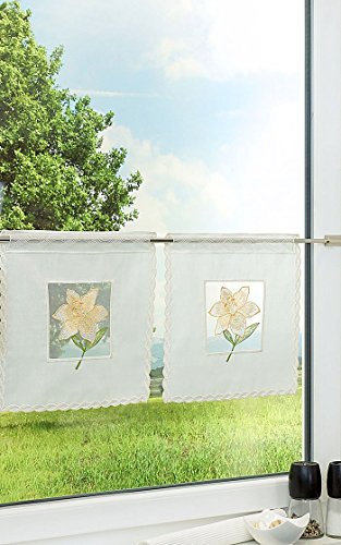 Scheibengardine aus Plauener Spitze - Lilienblüte " (Bx H) 30cm * 28cm" gelb/gelb/grün