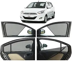 Autofact Half Magnetic Window Sunshades / Curtains for Hyundai i10 [Set of 4pc - Front 2pc Half Without Zipper ; Rear 2pc Full with Zipper] (Black)