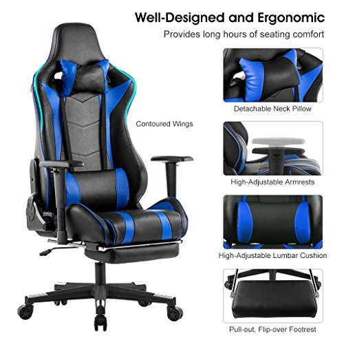 LANGRIA Executive High-Back PU Leather Computer Gaming Chair Racing Style with Pull-Out Footrest Adjustable Lumbar and Cervical Neck Cushions Padded Armrest and Headrest (Blue/Black)