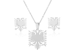 HOVEELUTY Albanian Eagle Polished Stainless Steel Earrings Pendant Necklace Kit Jewelry Accessories for Women Men(1 Pair X Earrings 1xnecklace)