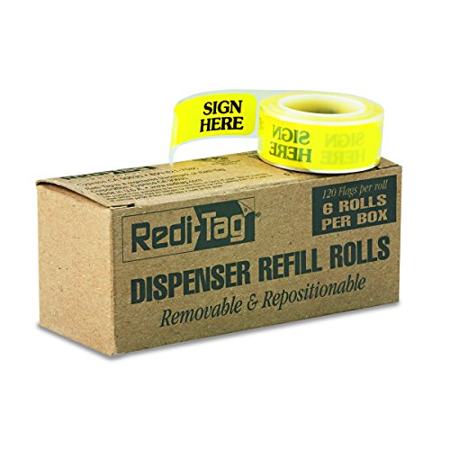 REDI-TAG91001 Arrow Message Page Flag Refills, Sign Here", Yellow, 120 Flags per Roll (Box of 6 Rolls)